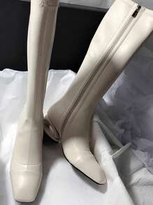 女士时尚靴子，黑色细高筒靴2025秋冬新款女鞋，方头侧拉链不对称鞋跟过膝靴，白色靴子