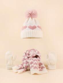 1 Set Of Heart-Shaped Jacquard Children's Knitted Set, Gloves+Knitted Hat+Scarf Set, Autumn And Winter Outdoor Warm Set, Cute Woolen Ball Hat, Suitable For Outdoor Walking And Dressing - Set Combination - View 5