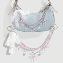 1pc Elegant & Charming Handmade Beaded Pink Crystal Chain Star Lace Bow DIY Keychain/Bag Charm, Suitable For Women/Girls Daily Wear, Holiday Gift - Multicolor - View 1