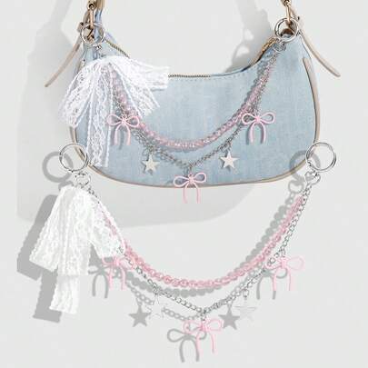 1 pièce Élégant et charmant fait main rose cristal chaîne étoile dentelle nœud porte-clés/charm de sac, convient pour les femmes/filles pour un port quotidien, cadeau de vacances