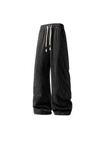 1 件男士宽松阔腿纯色休闲裤，适合所有季节的日常穿着 - 黑色 - 查看 5