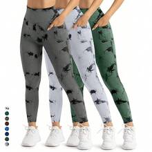 Neue Tie-Dye Yogahose mit Seitentaschen, lange, hautenge Lauf-Sport-Fitnessbekleidung, Po-liftende Yoga-Leggings für Frauen - silbergrau - Übersicht 3
