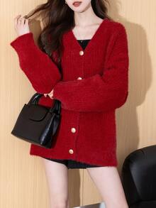 Alicedudu 女士宽松V领开衫，休闲风格，秋冬 - 紅色 - 查看 4