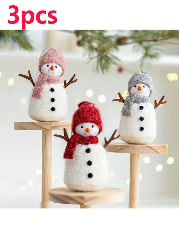 Set de 3 decoraciones de muñeco de nieve con parte superior redonda y bufanda - Decoración festiva multicolor, ideal para árbol de Navidad y Acción de Gracias, incluye muñecos de nieve rojos, rosas y grises, decoraciones navideñas, fiesta de Navidad, adornos, decoración del hogar