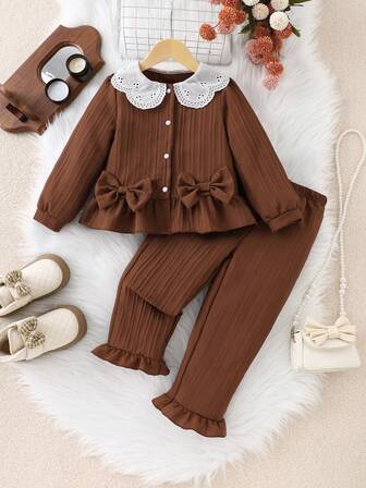2pcs Young Girl' Sweet Princess Style Outfit, Brown Striped Top With Ruffle Trim Pants, Lace Bow Decor, Loose Fit, Warm For Autumn/Winter