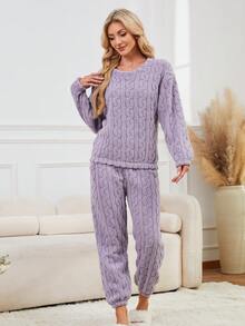 两件套女士冬季睡衣套装，简约纯色加厚长袖长裤家居服，适合室内外穿着，舒适保暖，秋季服装 - 紫色 - 查看 4