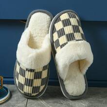 Fashionable Fluffy Plaid Slippers, Comfortable Indoor Bedroom Casual Home Slippers For Men - Grey - View 1