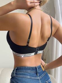 Sutiã Bralette Sexy Preto Feminino com Alças com Letras "Sweet" Brancas - Design sem Enchimento, Respirável, Sem Arame, Adequado para Uso Casual ou Diário