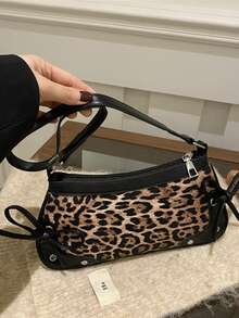 1个复古蝴蝶结装饰单肩腋下法棍包，适合约会、外出、派对，豹纹印花，新款秋冬虎纹印花女士手提包 - 黑色 - 查看 8