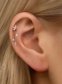 1piece 925 Sterling Silver Stars Moon Tassels Piercings Earrings Chain Charm Flat Back Cartilage Helix Piercing Fine Jewelry For Daily Wear Wedding Party Engagement Anniversary Valentine's Day(Sold As 1 Piece) - Star and Moon Tassel Pendant Accessories - View 4