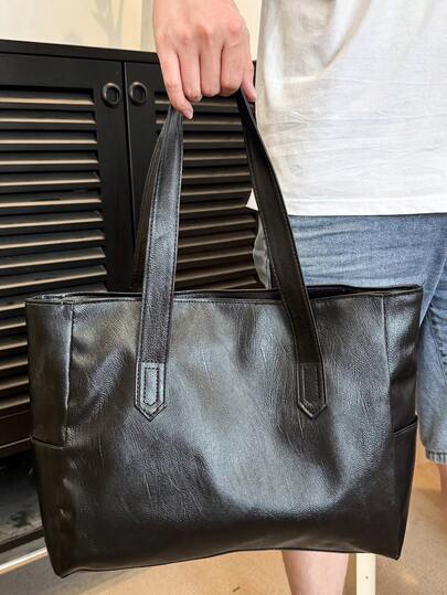 Solid Color PU Leather Men's Versatile Minimalist Tote Bag, Suitable For Commuting And Office, Fits Laptop Large Tote Bag Laptop Bag