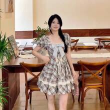 1pc Summer Sweet Cute Lady Style Puff Sleeve Lace Ribbon Multi-Color Plaid Floral Print Waist Tie Slim Fit Princess Dress, Suitable For Photoshoot, Casual Wear ,Halloween Costume, Party Dress - Multicolor - View 2