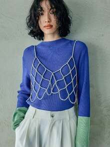 1 Pieza Nueva Camiseta de Estilo Japonés Sencillo para Mujer con Perlas, Decoración de Body con Cadena de Perlas, Estilo Crop Top para Festivales de Música