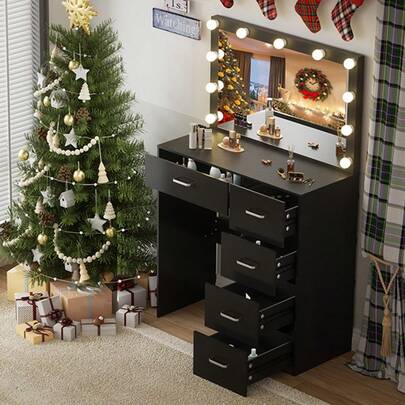Tocador grande con espejo iluminado de 11 LED y 5 cajones para dormitorio - Perfect For Organizing Makeup, Skincare, Elegant Vanity|Decorative Vanity, Vanity Furniture, Compact For Small Space, Bedroom Decor Gift, Perfect Gift For Women Girls , Ideal para regalos de Navidad y Halloween.