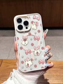 Pink Bow & Floral Ghost Print Magnetic Ring Phone Case Compatible With IPhone 16 Pro Max, 14/13, 12, 11 Pro Max, XS Max, X, XR, 8, 7, Plus, Mini, Suitable As Birthday Gift For Girlfriend, Boyfriend Or Personal Use Waterproof Shockproof Anti-Fall Scratch Resistant