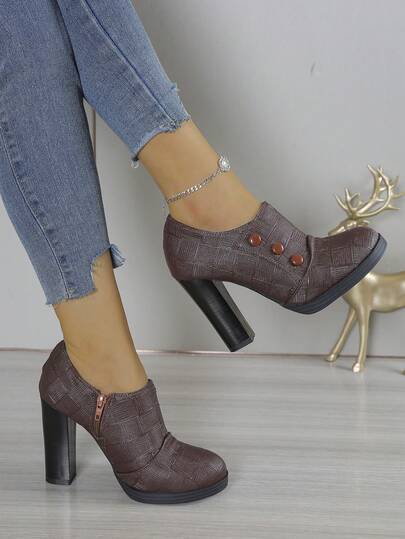 Fashionable High-End Elegant Vintage Minimalist Sophisticated Black Lace-Up Chunky Heel Women's High Heels, Western Style PU Leather Lace-Up Party Shoes