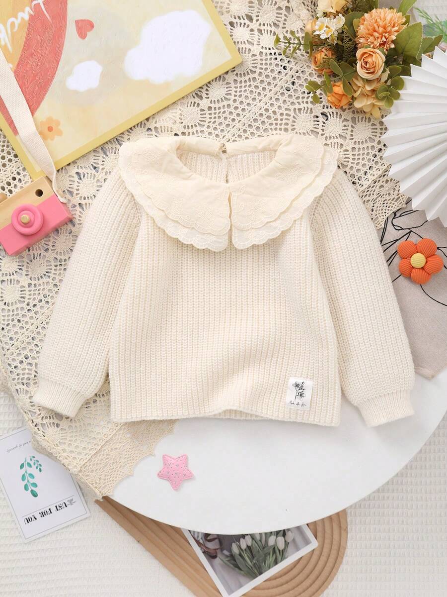女婴荷叶边领贴花休闲长袖套头毛衣 - 白色 - 查看 1