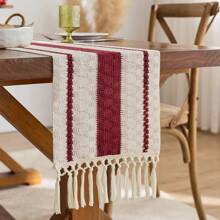 Handwoven Boho Farmhouse Table Runner - Fringed, Suitable For Dining Tables, Round Coffee Tables And Rustic Home Decor, Perfect For Wedding Receptions, Outdoor Parties And Valentine's Day Decorations. Rectangular Design, Fits Home And Dining Room Decor, Can Be Used As Kitchen Dining Table Centerpiece, Decorative Tableware Accessory And Rustic Decor. Beautifully Woven, Durable. - Red - View 6