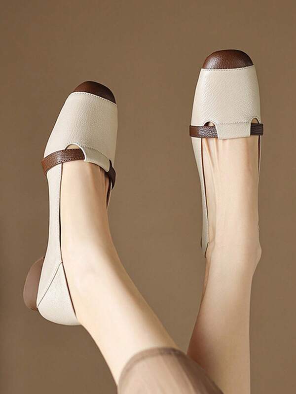 New Comfortable Casual Soft Bottom Women Shoes, Square Toe Color Block Chunky Heel Loafers, Versatile Mid Heel Ladies Slip-On Shoes, Spring/Autumn