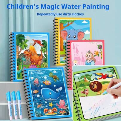 1 set de cărți de pictură magică cu apă Montessori, reutilizabile, pentru colorat, cu apă magică, pentru desen, carte educațională (toate accesoriile sunt în culori și stiluri aleatorii), cadourile de Crăciun pentru întoarcerea la școală sunt potrivite ca recompense pentru studiu, cadouri de sărbători sau cadouri de ziua de naștere