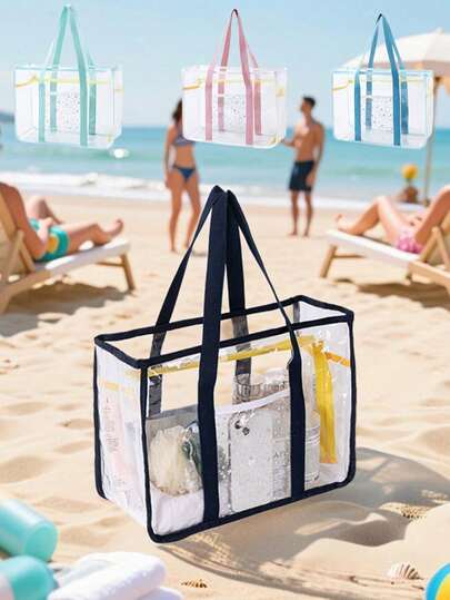 1 pieza Bolso de playa grande y transparente de estilo minimalista y gran capacidad, bolso de playa de malla colorido, bolso de mano grande y transparente de PVC, bolso de playa plegable para mujer, bolso de hombro transparente de malla, bolso de gelatina transparente, bolsa de almacenamiento de malla transpirable para picnic al aire libre, bolsa de cosméticos impermeable, adecuada para piscina, playa, vacaciones, bolsa de aseo multifuncional impermeable, bolsa de fitness para natación, bolsa de viaje ligera para el hogar, bolsa para productos de cuidado de la piel, bolsa de aseo, artículos esenciales de viaje