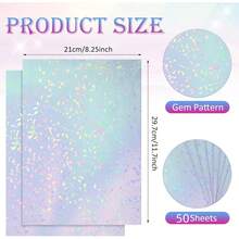 50pcs Holographic Sticker Paper, Holographic A4 Vinyl Coated, Clear Overlay Self-Adhesive Waterproof, 11.7 X 8.3 Inches (Gemstone)