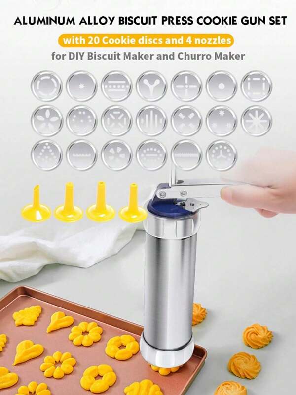 Cookie Press 20pcs Set Including Biscuit Machine, Aluminum Alloy Cream Icing Piping Gun For Baking