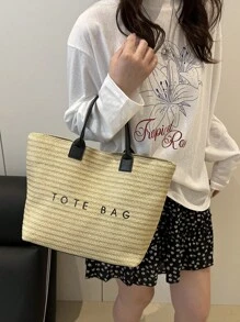 大容量休闲度假草编手提包，简约优雅女士单肩手提包 - 黑色 - 查看 5