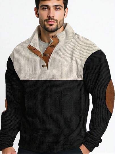 男士灯芯绒亨利领衬衫、撞色长袖 T 恤、罗纹针织舒适上衣、休闲秋季汗衫