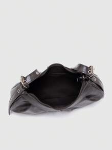 1pc Women's PU Leather Bag, Fashionable Pleated Edge, Retro Shoulder Underarm Bag, Y2K Chic Bag, Minimalist Solid Crescent Bag, Ladies Handbag - Grey - View 4