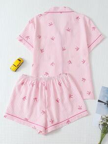 2pcs Comfortable Blue Striped Heart Collar Button Short Sleeve Top With Pocket And Bow Shorts Pajama Set For Women, Suitable For Home Wear, Spring/Summer