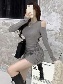 Solid Color Casual Ribbed Ruffle Hem Daily Wear Long Sleeve Mini Dress For Women, Spring/Autumn