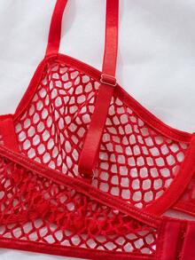 2 件性感迷人网眼镂空内衣套装，时尚迷人设计性感内裤 - 紅色 - 查看 3