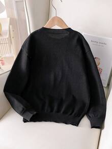 Tween Girls' Elegant Studded Bow Knit Pullover Sweater, Suitable For Daily, Vacation, Spring, Autumn, Winter - Black - View 3