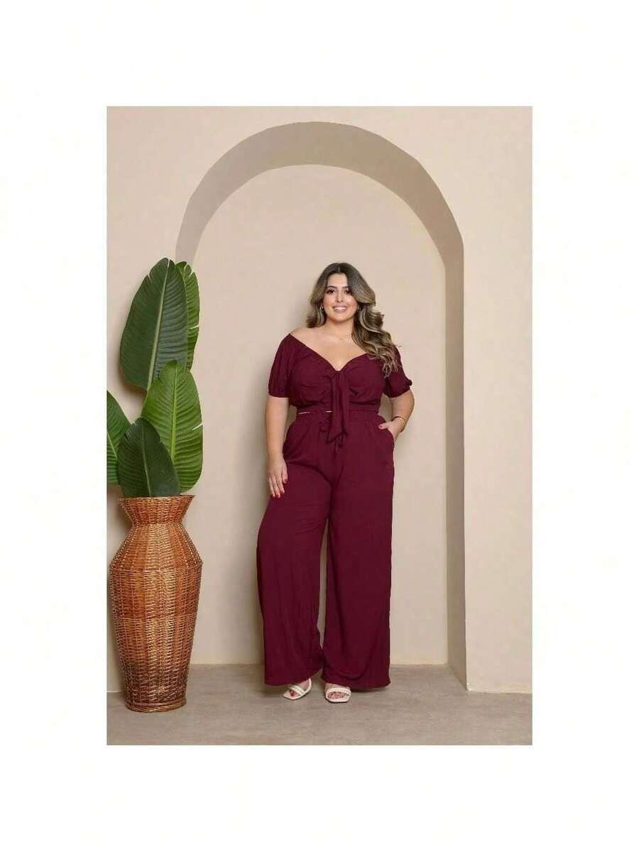 Plus Size Cropped And Pantaloon Set For Women - 紅木色 - 查看 1