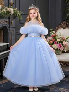 Blue Elegant Sequin Tween Girls' Evening Gown, Off Shoulder Shawl Long Princess Dress For Girls, Children Special Occasion Pale Blue Dress, Little Girl Flower Girl Wedding Birthday Party Formal Recital Piano Recital Sweet Formal Dress, Children Tulle Ruffle Sleeveless Dress