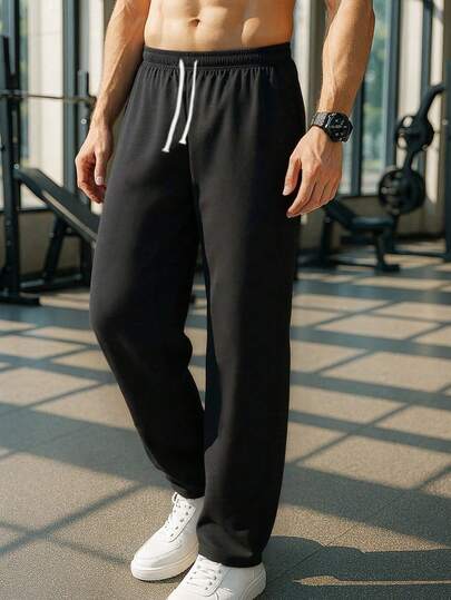 男士直筒裤 - 适合健身、休闲和日常正式场合，腰部抽绳，无弹力针织面料，适合健身房、办公室外出，可机洗，黑色裤子，纯色设计，柔软透气材质，宽松版型，适合春、夏、秋季户外休闲装，积极的生活方式