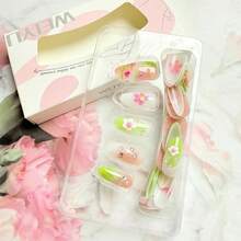 Colorful Flower Press On Nails Medium Almond Fake Nails  Nails Wit 3D S Design S Pink Green Glue On Nails C Floral Leaf Andmade Acrylic Nails  Wen Girls 30Pcs - 彩色 - 查看 2
