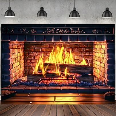Um cenário de lareira de Natal com uma lareira gigante de tijolos vermelhos e uma fogueira acesa, perfeito para decorações festivas de parede em casas, cozinhas, casamentos, festas, eventos de confraternização e vários outros ambientes.