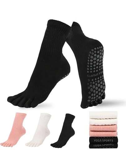 1/2/3 Pairs Solid Color Non-Slip Yoga Socks, Sports Fitness Indoor Toe Socks, Pilates Specialized Five-Finger Socks, Fall Socks