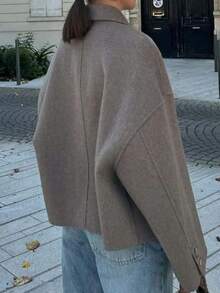 1 Peça Jaqueta Feminina Vintage Solta e Casual com Gola Virada, Manga Longa e Abotoamento Simples em Mistura de Lã, Outono/Inverno