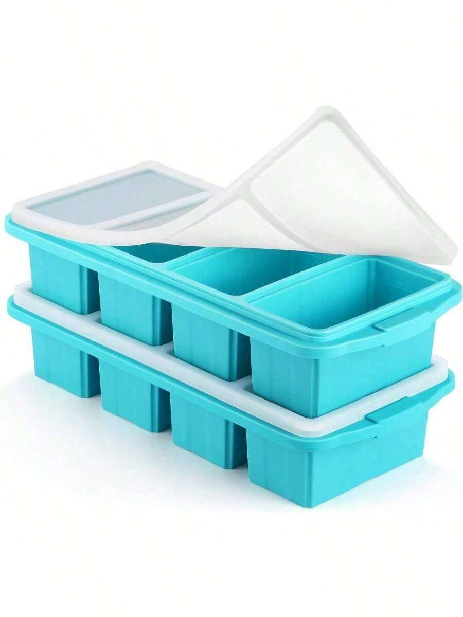 Silicone Freezer Tray With Lid - Silicone Freezer Food Molds- Large Ice Cube Tray,Silicone Freezer Container,Freeze & Store Soup, Sauce, Broth,Leftovers - Makes 4 Perfect 1 Cup - 2 Gói-Màu xanh nước biển - Xem 1