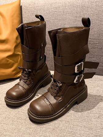 Damesmodelaarzen, bruine rijlaarzen, retro Britse laarzen, herfst/winter 2025 nieuwe damesschoenen, dikke hak, gesplaarzen tot de kuit, motorlaarzen, modieuze veelzijdige laarzen, zwarte laarzen