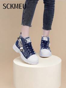 SCKMEU 1 par de zapatillas casuales con suela gruesa de denim para mujer, nuevas versátiles y cómodas zapatillas deportivas de caña alta para otoño 2025, adecuadas para faldas, senderismo, deportes, uso casual, zapatos planos de moda