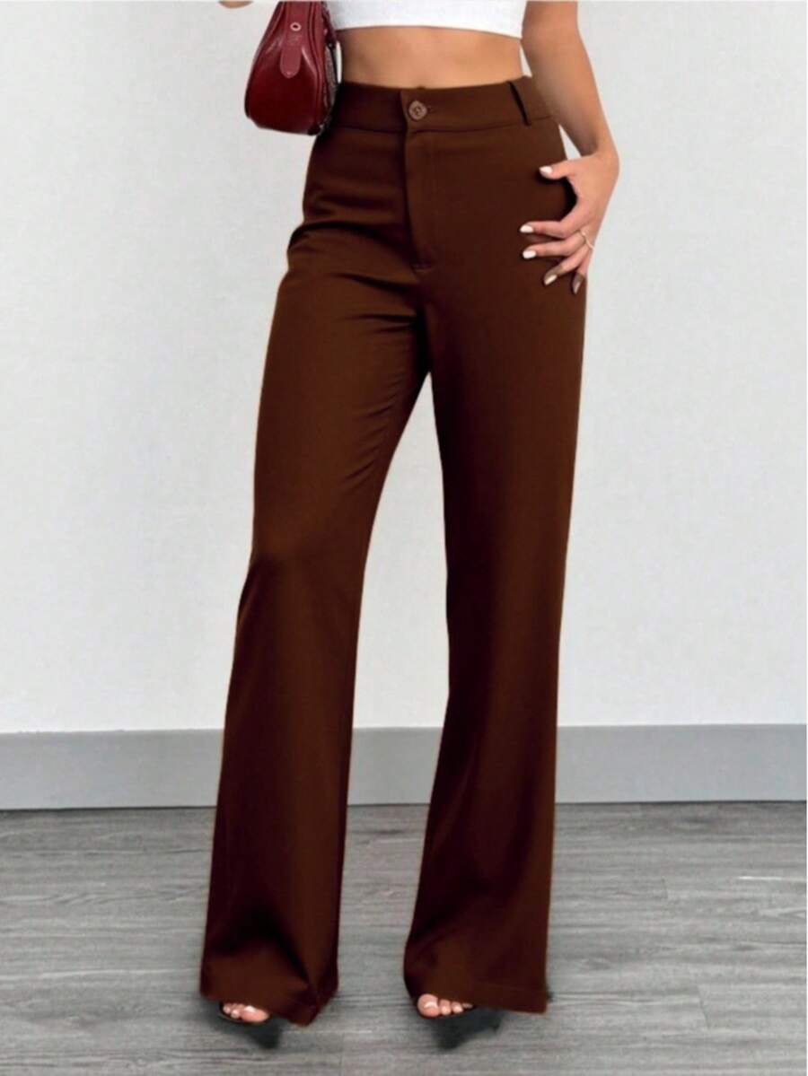 Women's Tailored Flare Pants With Fake Pockets At The Back - Coffee Brown - View 1