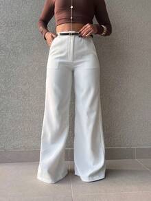 JANE FINE 2036 With Belt Palazzo Pants Details Plain Women's Pants Without Elastane Real Pockets - 白色 - 查看 4