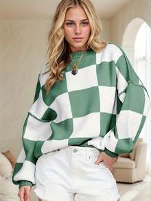 1pc Olive Green Contrast Plaid Knit Ribbed Plus Size Sweater, Basic Long Sleeve Top, Plus Size Women Autumn/Winter Casual Outerwear, Business Casual, Essential Pullover - Olive Green - View 3