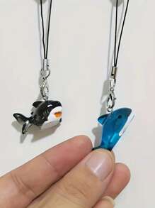 1/2 件休闲街头风格黑色和蓝色可爱创意树脂鲨鱼手机挂绳饰品，男女通用手机配件 - 多色 - 查看 1