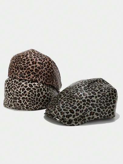 Unisex Large Head Circumference New European And American Fashion Leopard Print PU Beret Hat, Retro Artistic Cap For Autumn/Winter