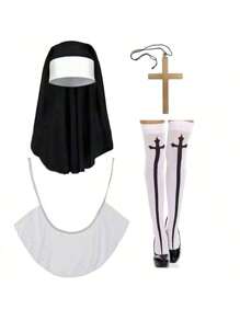 Set di 4 pezzi per costume da suora: cappello + sciarpa + collana con croce, accessori per cosplay adulti, cappello bianco da donna con colletto, ciondolo a croce dorata. Questo set multifunzionale include tutto il necessario per incarnare il look classico di una suora con un tocco moderno. Accessori per costume di Ognissanti